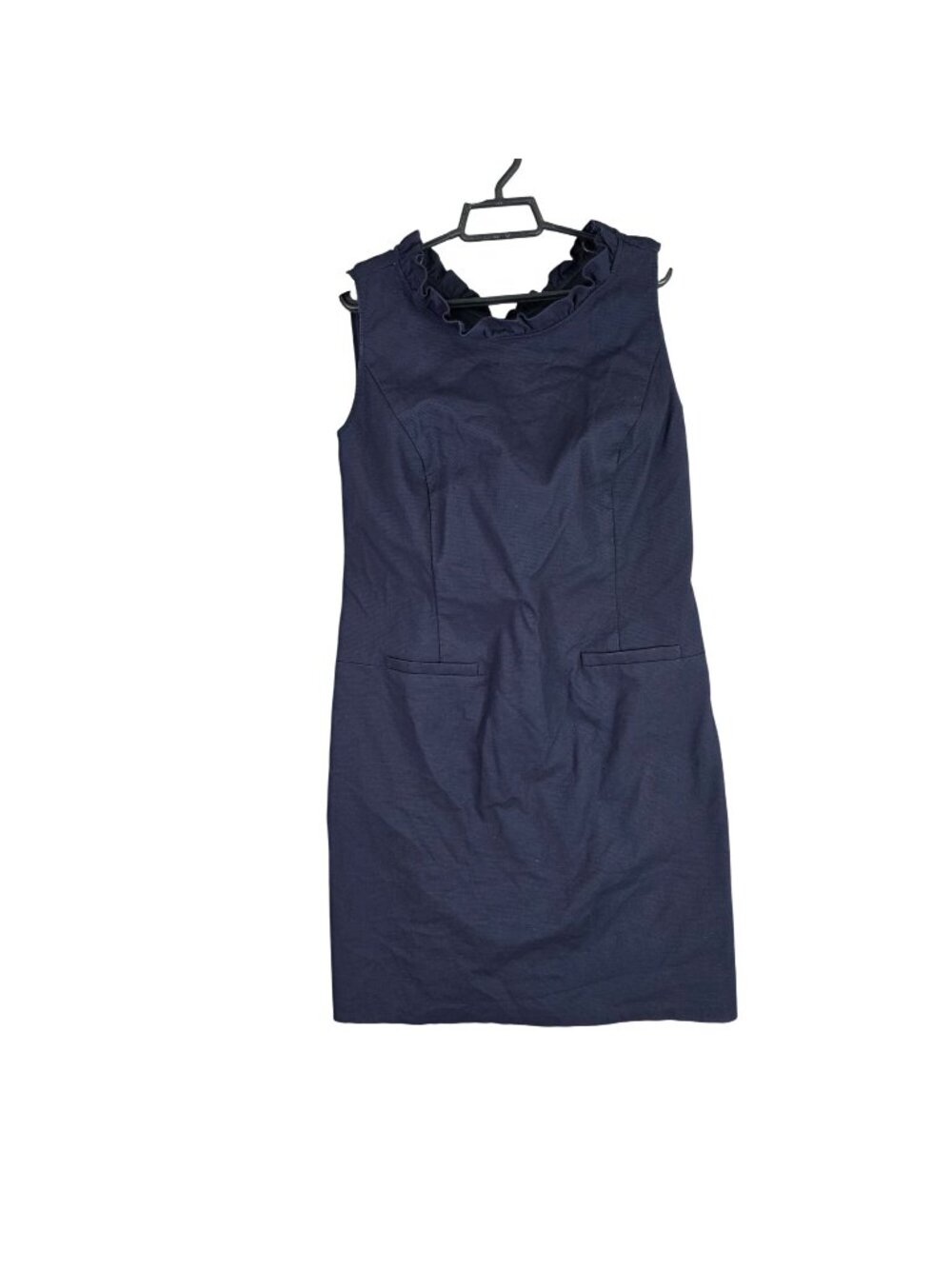 Womens Talbots Petite Navy Blue Sleeveless Sheath Dress Ruffle Neck Size 14P
